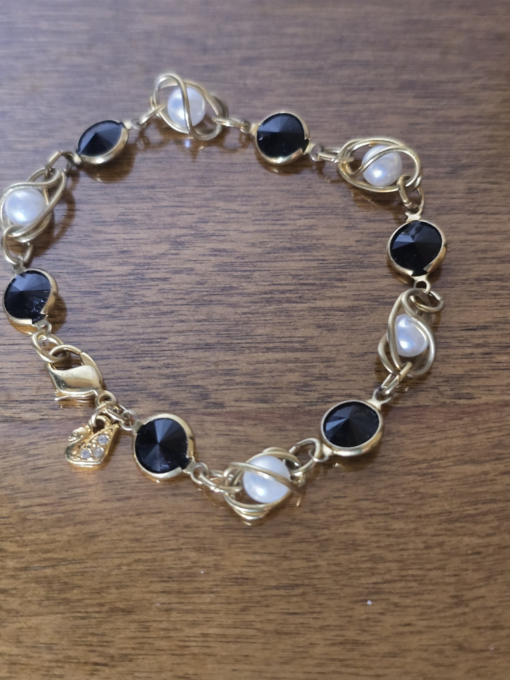Swarovski Gold Bracelet with Black Crystals and White Pearls